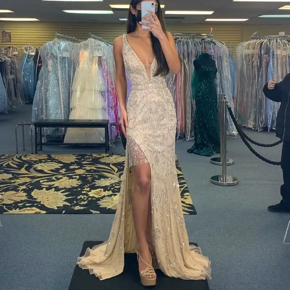 gold fringe prom dress Bubble Hem Party Dress-Gold